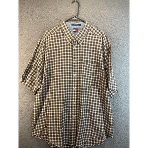 Tommy Hilfiger Shirt Mens 2XL Brown and white Plaid Casual Button Up shortSleeve